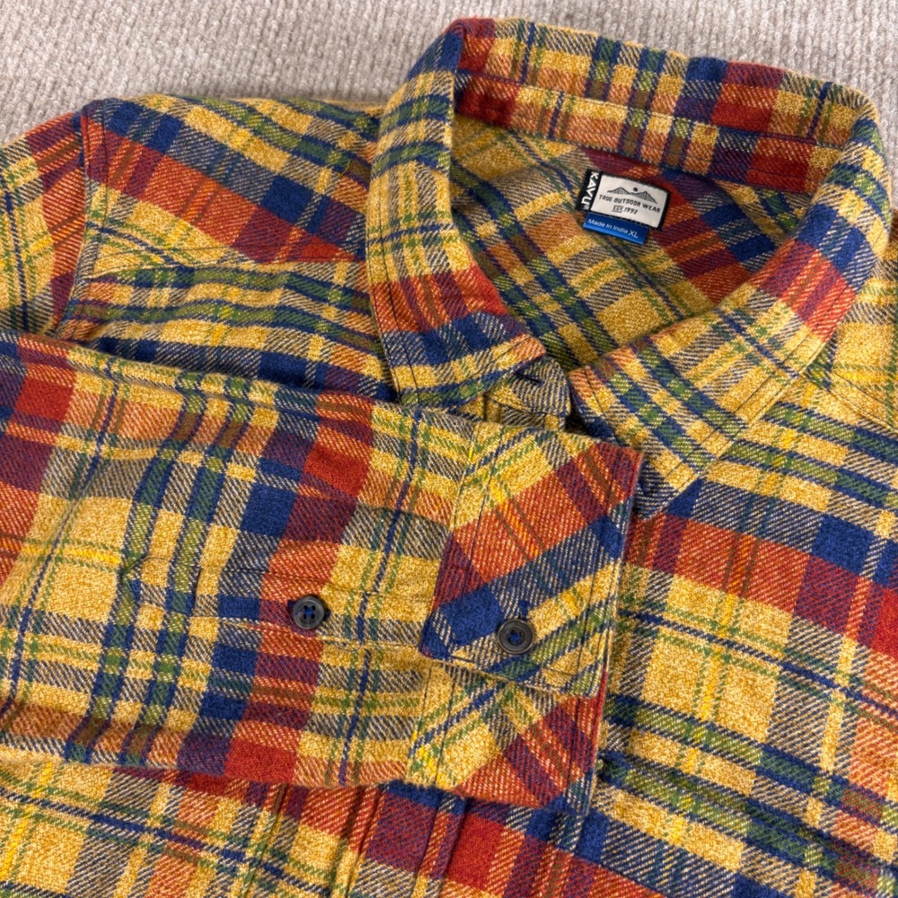 Kavu Men XL Plaid Button Down Shirt Yellow Red Blue Long Sleeve Cotton Outdoor